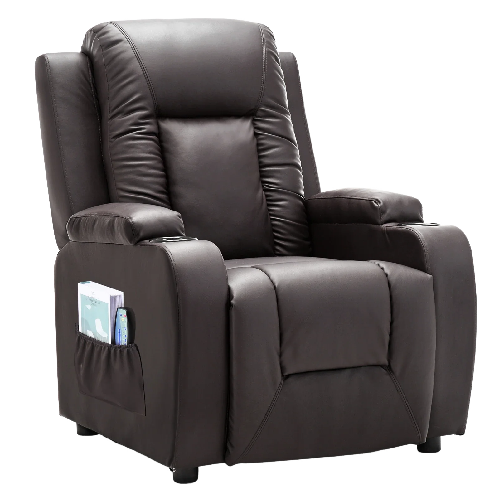 COMHOMA Recliner Chair, PU Rocking Chair for Adults, Swivel Recliner with Cup Holders, Heat and Massage, Single Sofa Seat with Side Pockets for Living Room, Bedroom (Black)