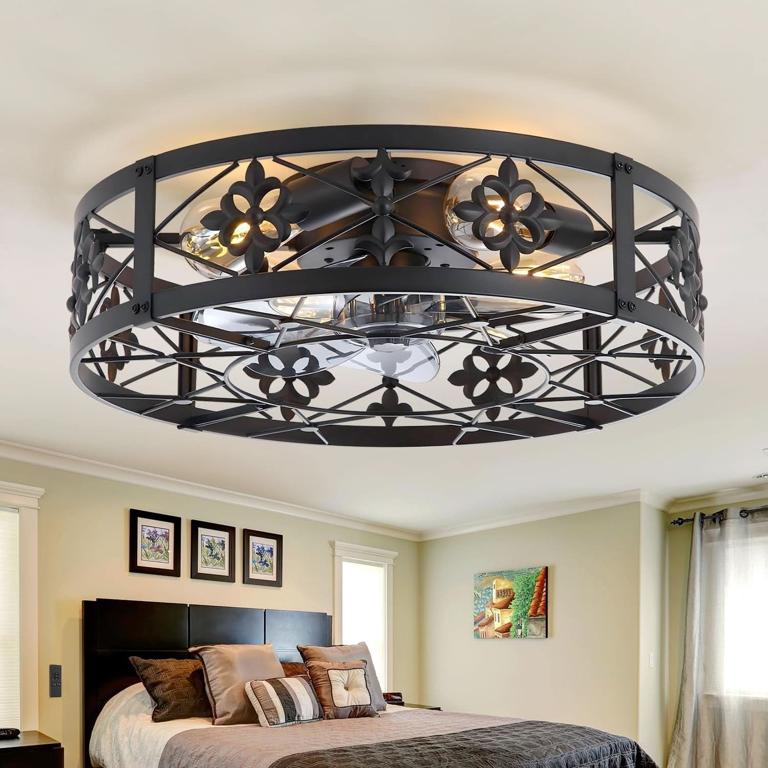 Caged Ceiling Fan 20 Inch Matte Black Remote Control