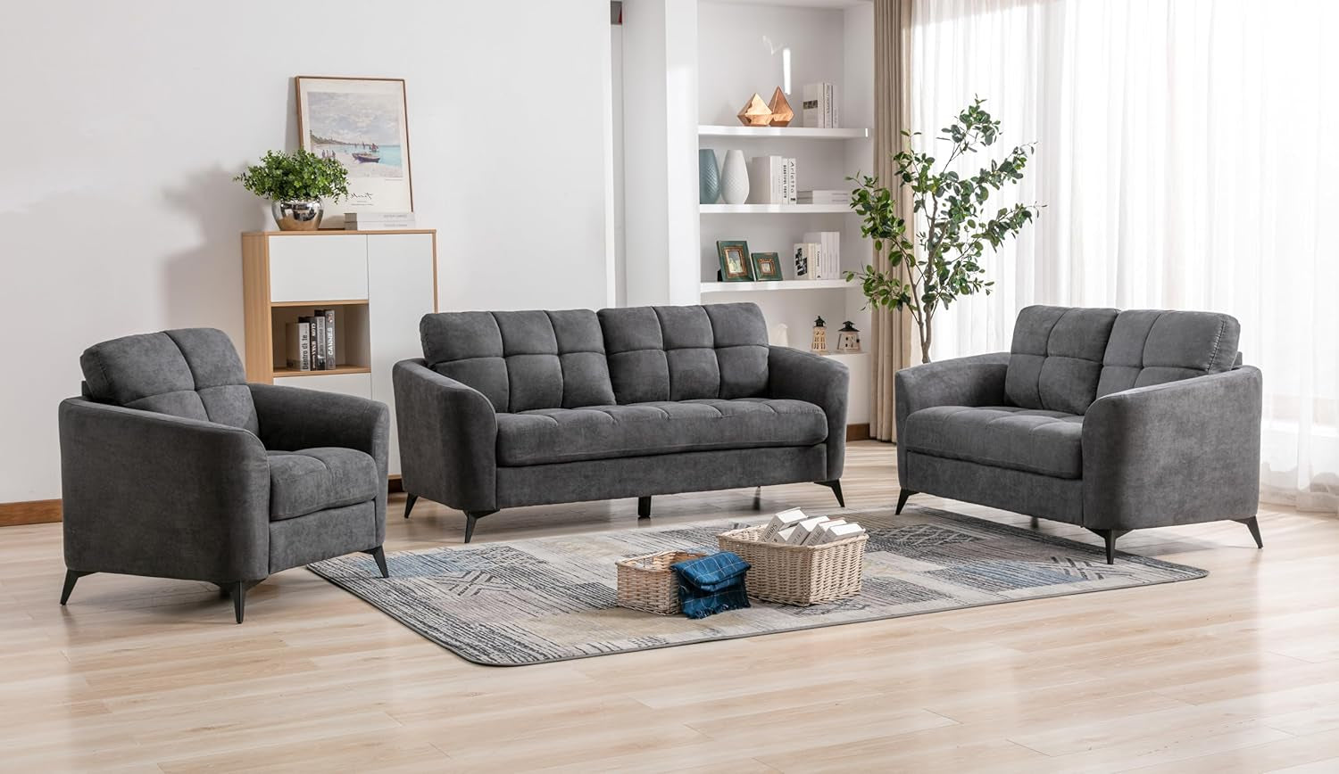 Callie Gray Woven Fabric Sofa Loveseat Chair Set 3Piece