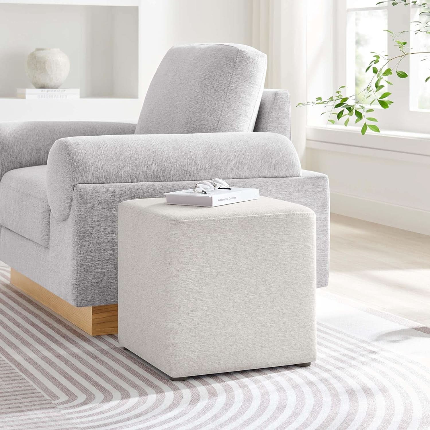 Callum 17 Inch Ivory Square Hand crafted Textured Woven Ottoman