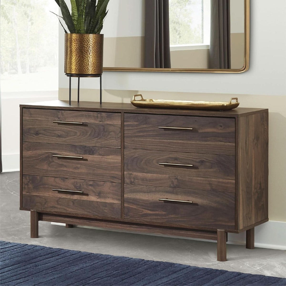 Calverson Six Drawer Dresser Dark Brown Goldtone Pulls