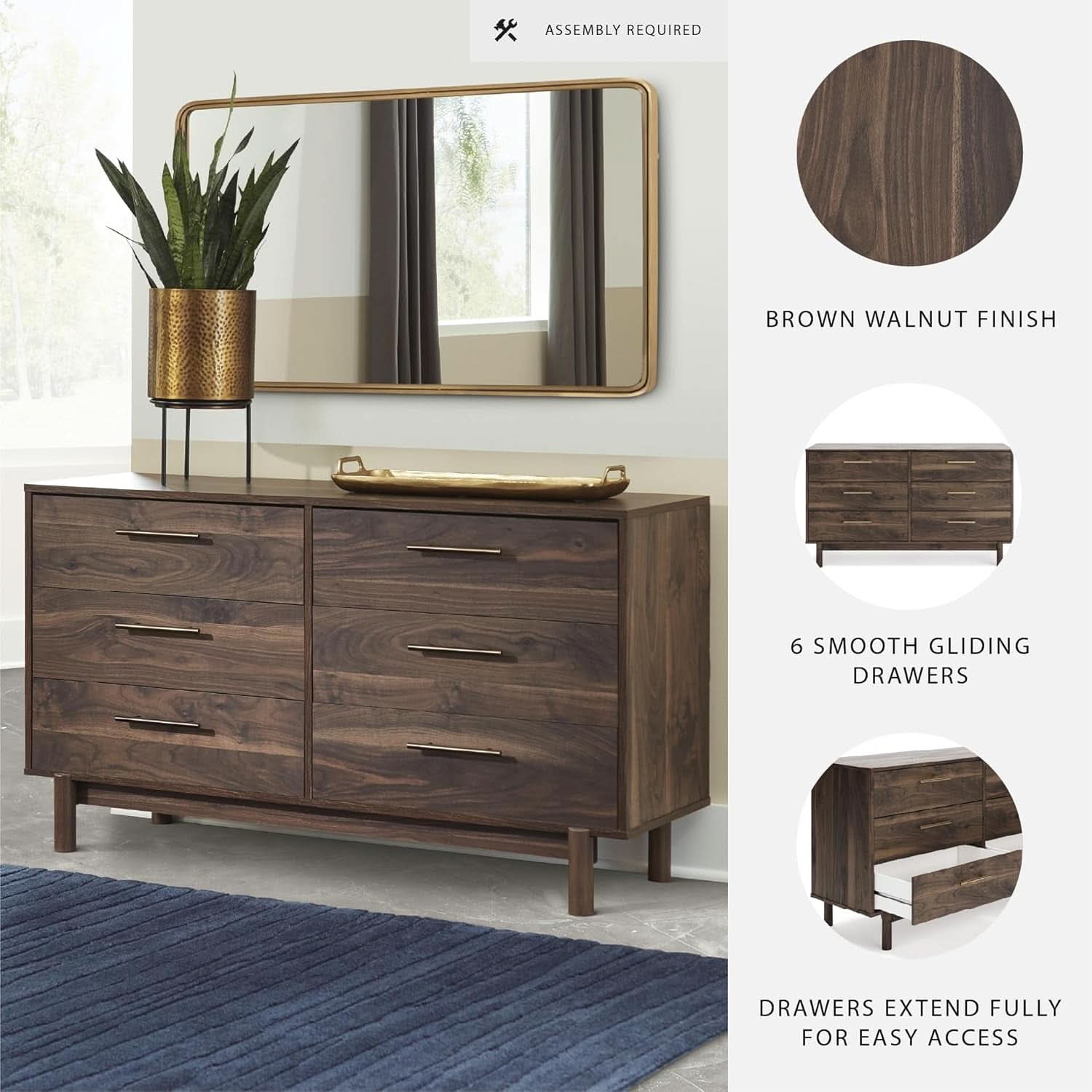 Calverson Six Drawer Dresser Dark Brown Goldtone Pulls
