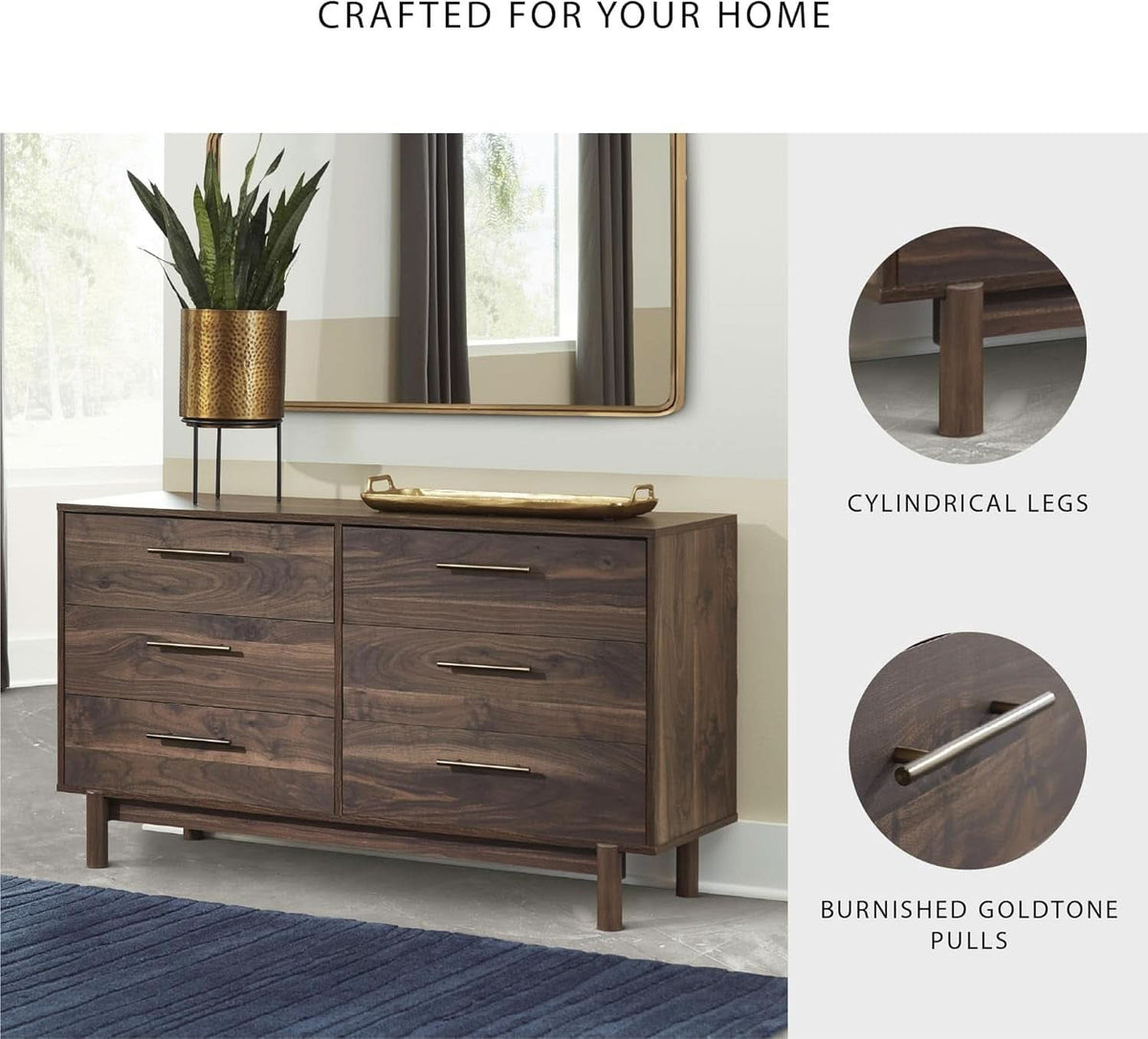 Calverson Six Drawer Dresser Dark Brown Goldtone Pulls