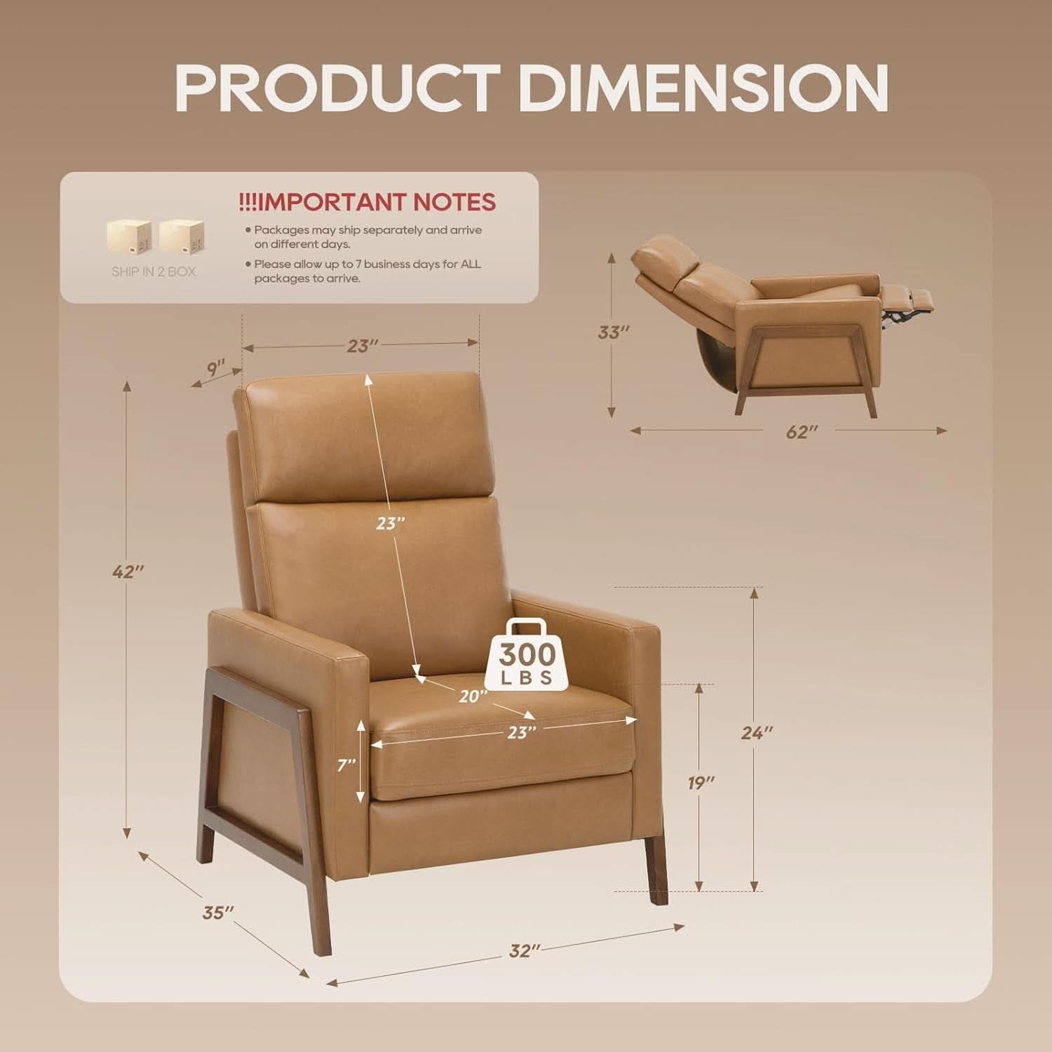 Camel PU Leather Wingback Recliner Chair With Footrest