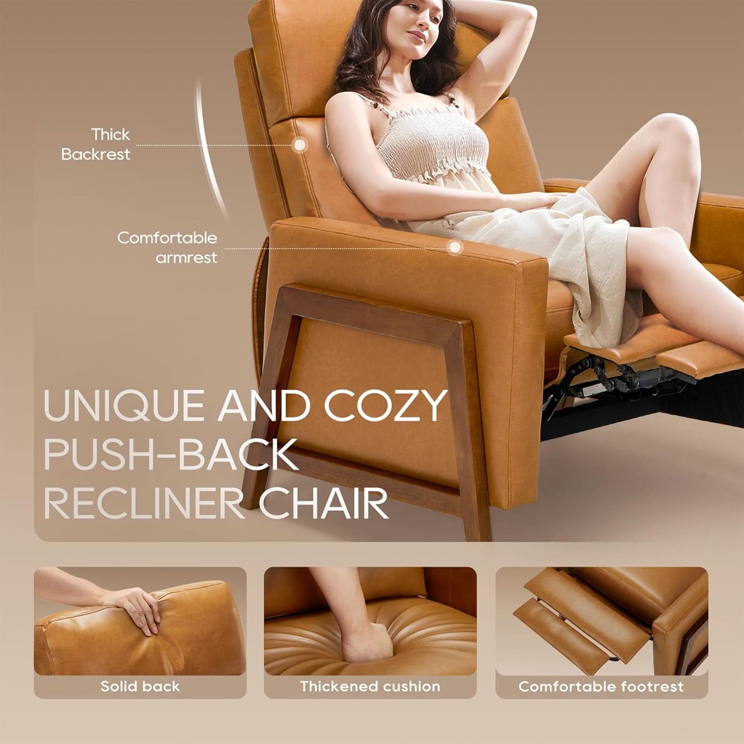 Camel PU Leather Wingback Recliner Chair With Footrest