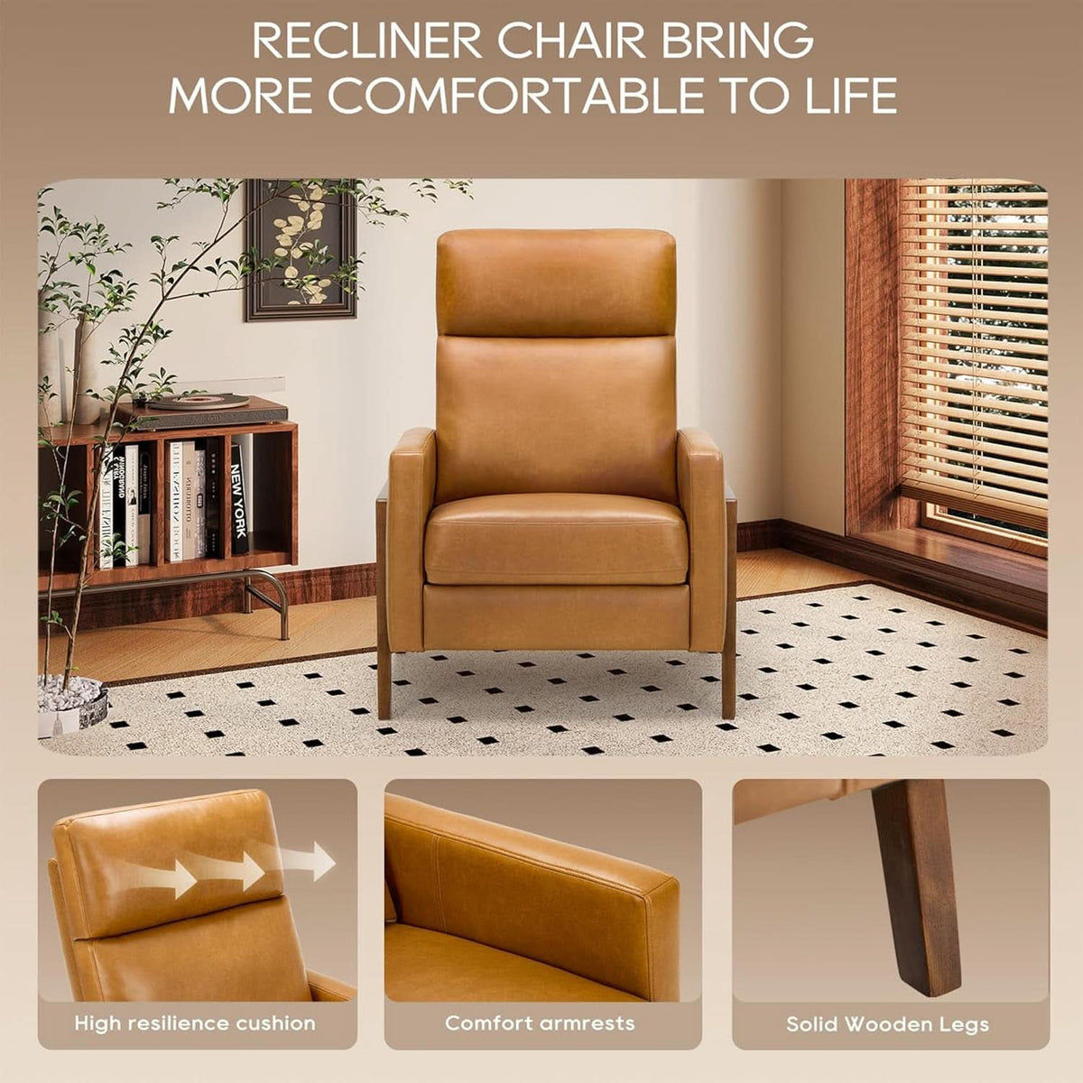 Camel PU Leather Wingback Recliner Chair With Footrest