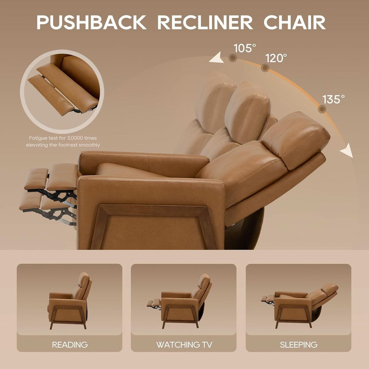 Camel PU Leather Wingback Recliner Chair With Footrest