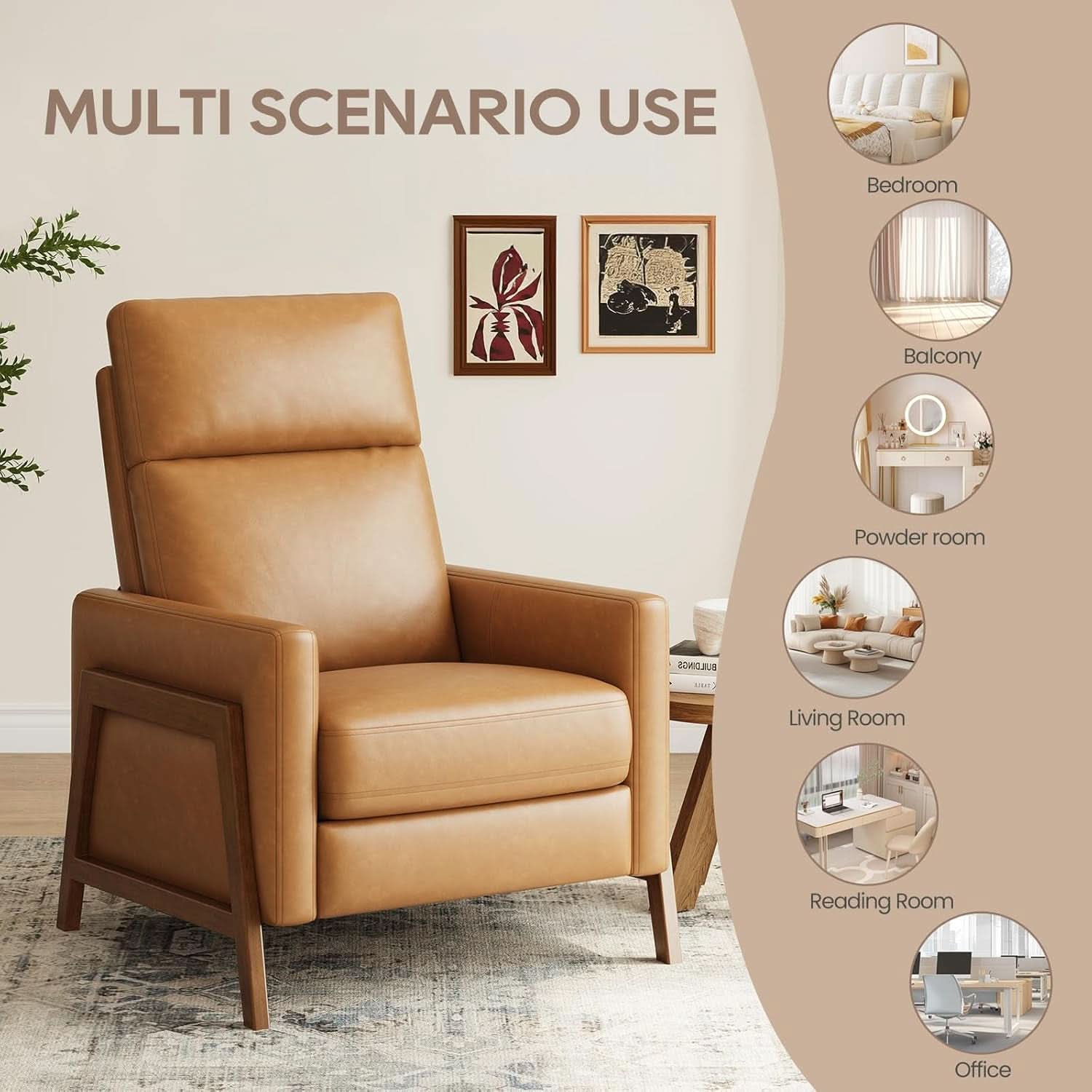 Camel PU Leather Wingback Recliner Chair With Footrest