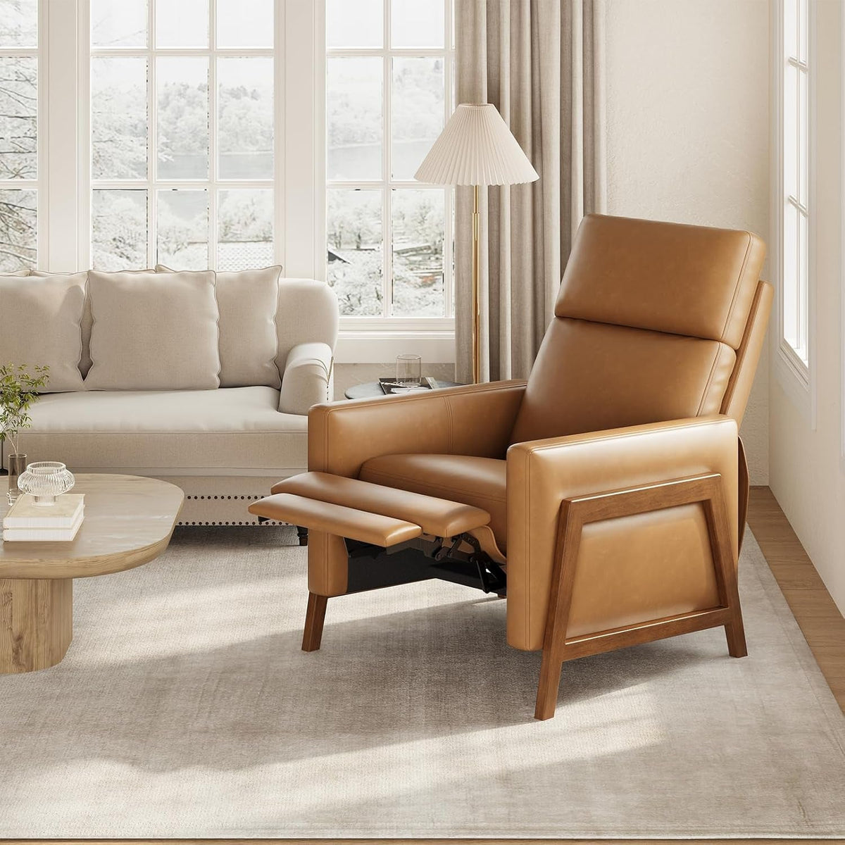 Camel PU Leather Wingback Recliner Chair With Footrest
