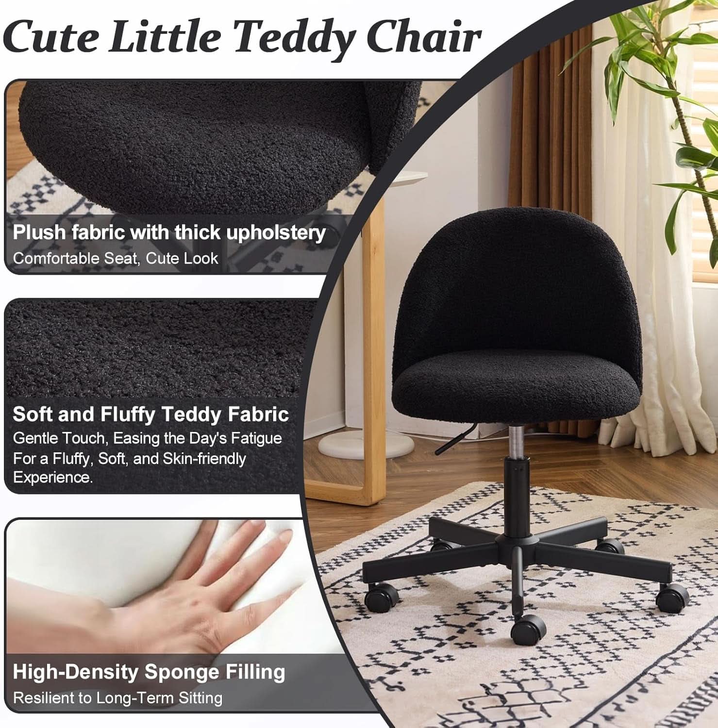 Candy Chair Jet Black Armless Desk Chair With Teddy Fleece