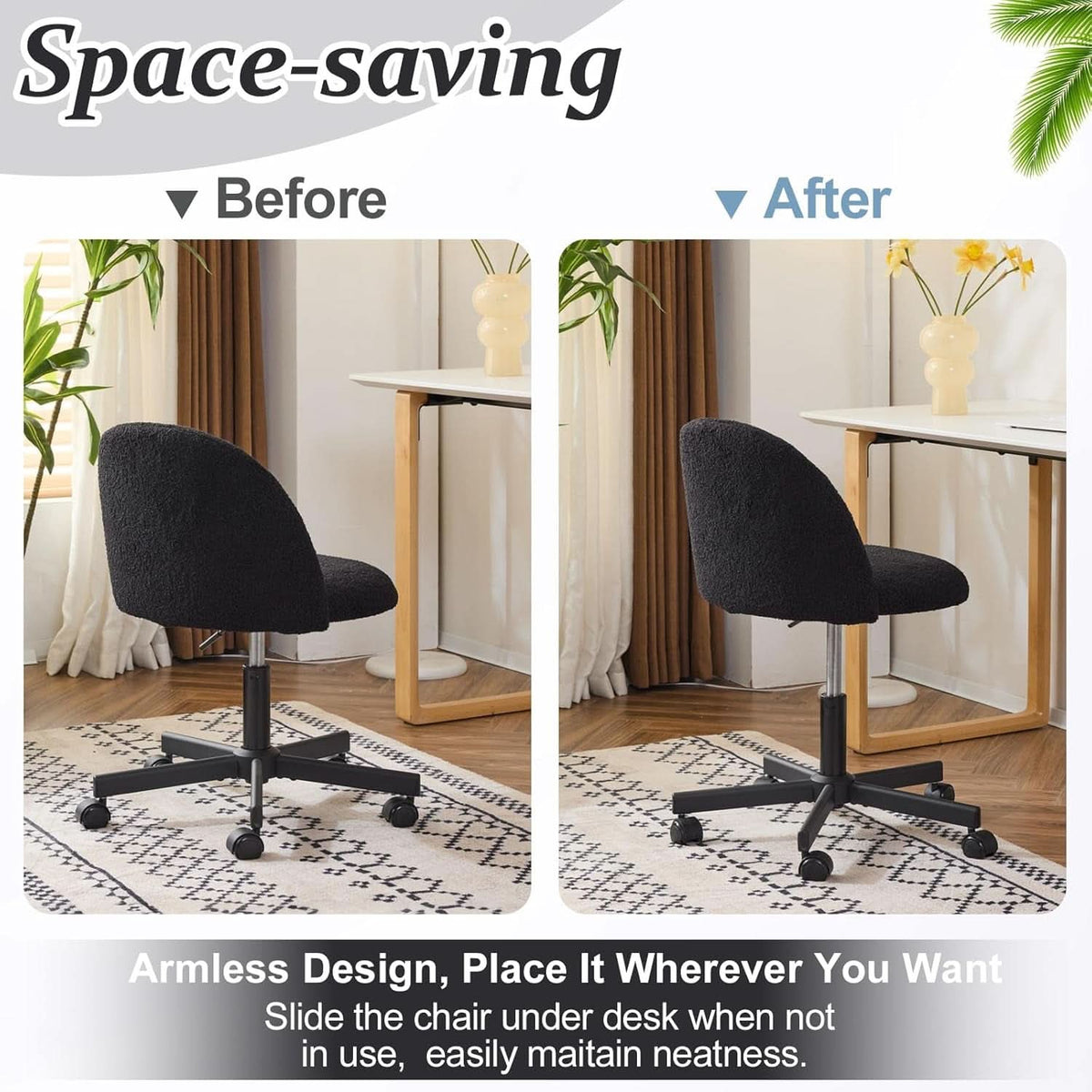 Candy Chair Jet Black Armless Desk Chair With Teddy Fleece