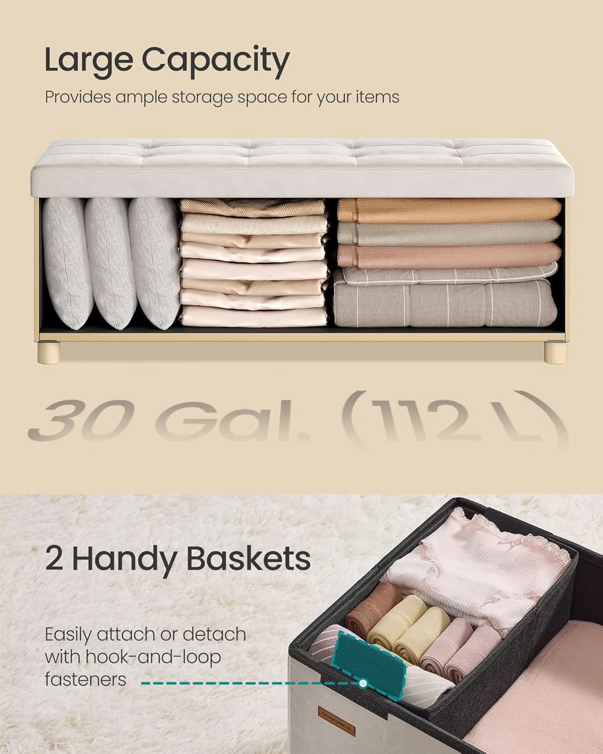 Cappuccino Beige Velvet Storage Ottoman Bench Folding