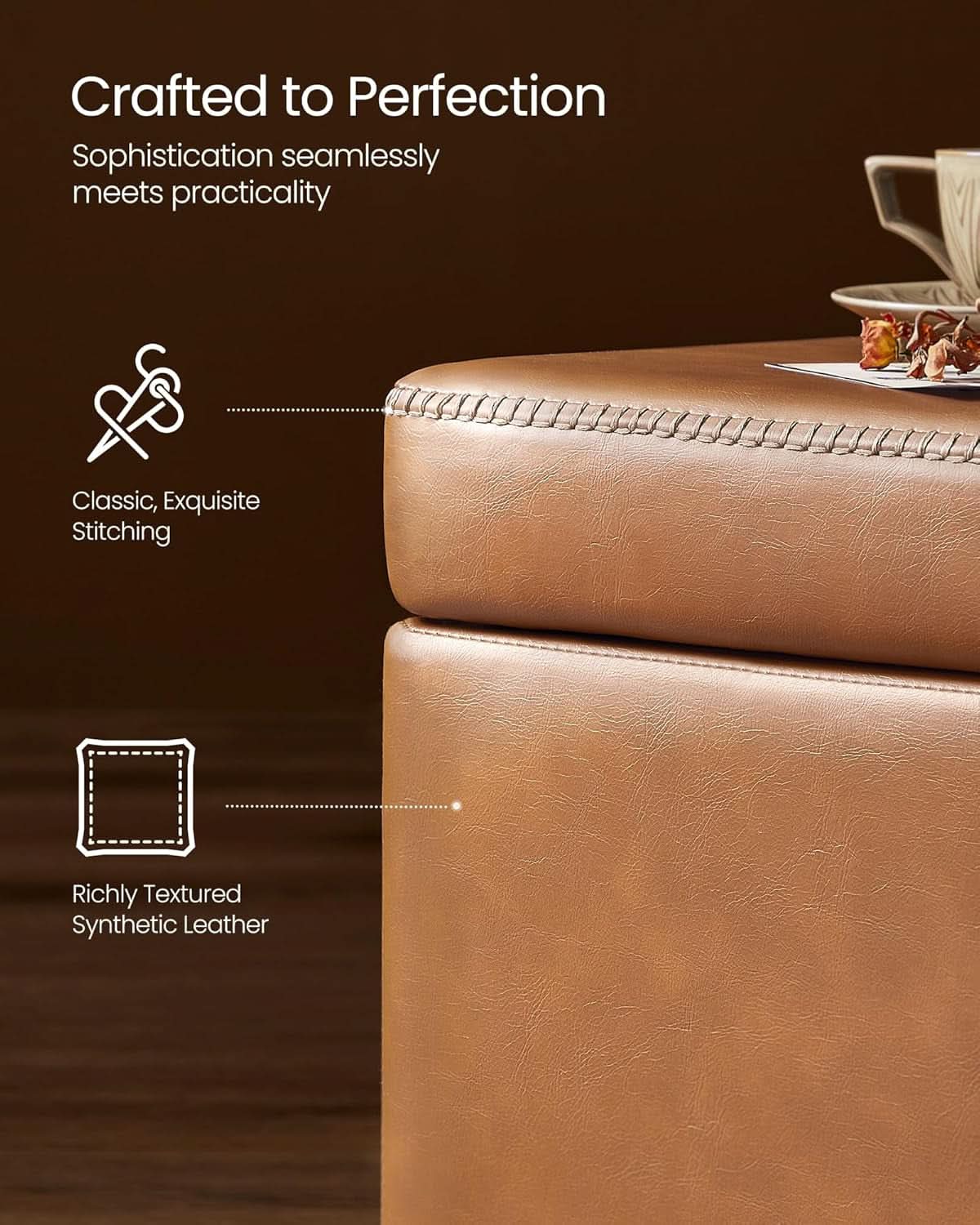 Caramel Brown 25 Gallon Large Capacity Storage Ottoman