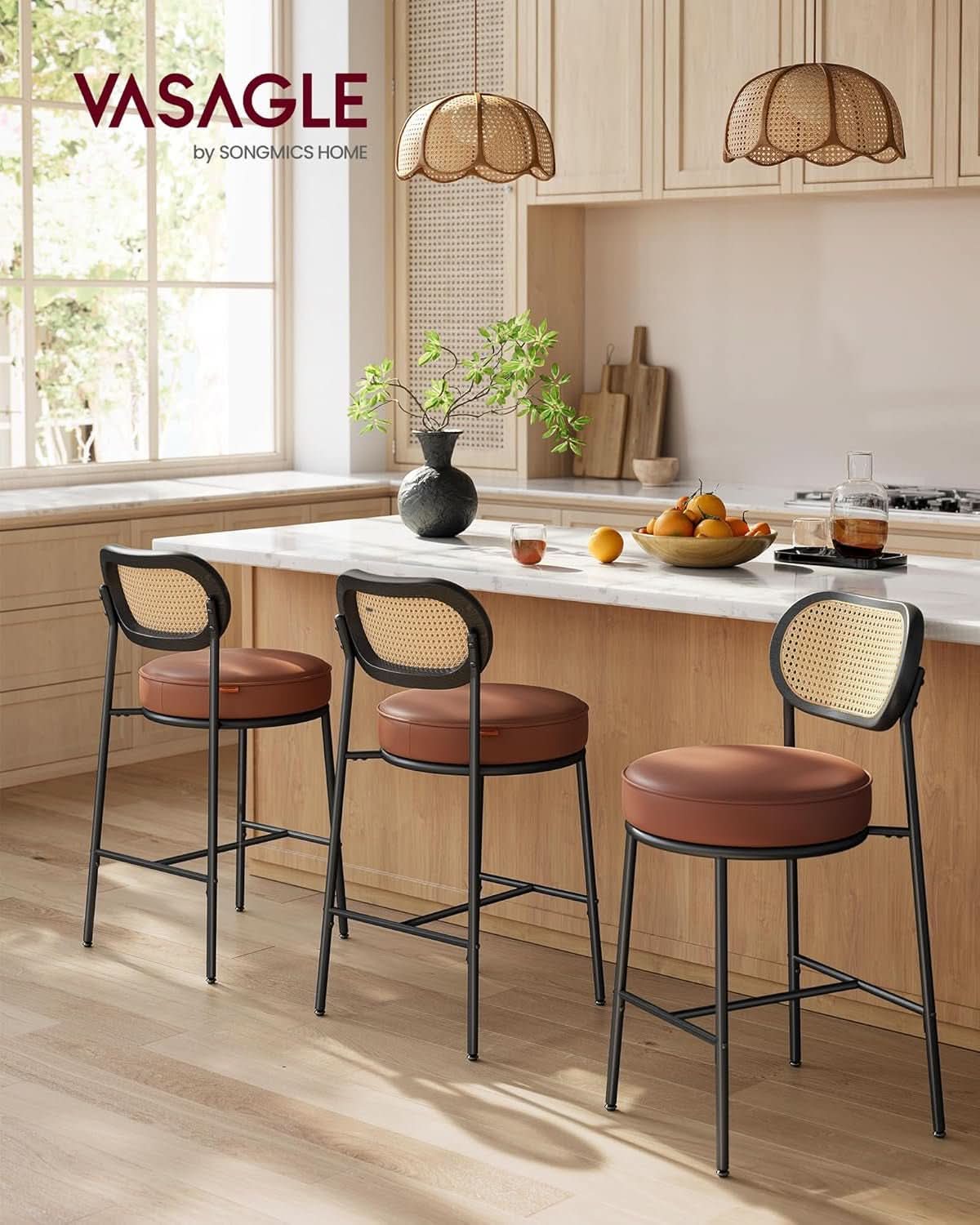 Caramel Brown Leather Bar Stools Set Of 2 25.1 Inch Tall