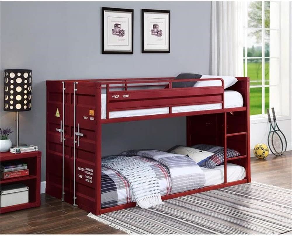 Cargo Twin Over Twin Metal Bunk Bed In Red With Ladder