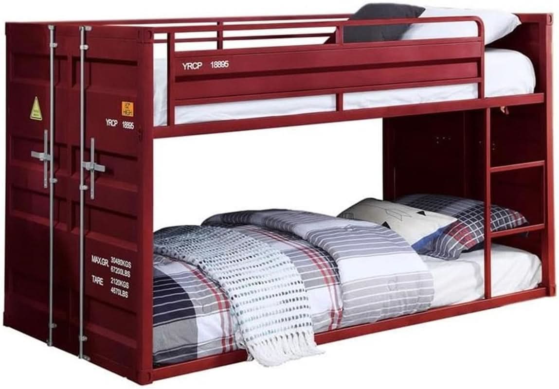 Cargo Twin Over Twin Metal Bunk Bed In Red With Ladder