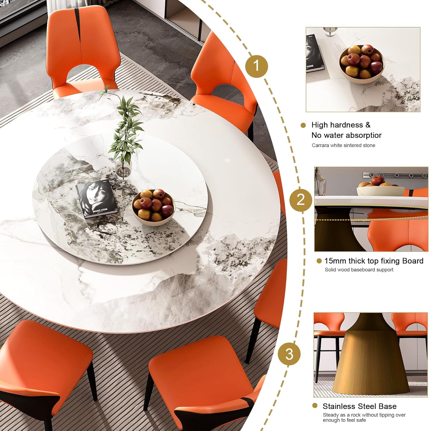 Carrara Gold 59 Inch Round Dining Table Bronze Base