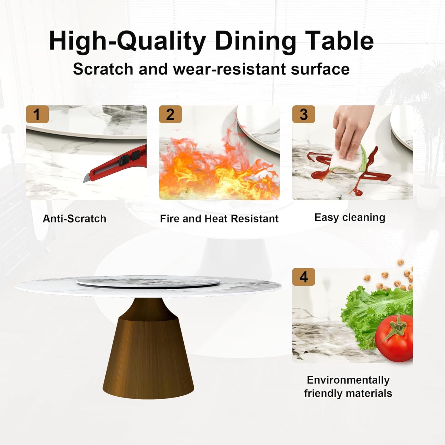 Carrara Gold 59 Inch Round Dining Table Bronze Base