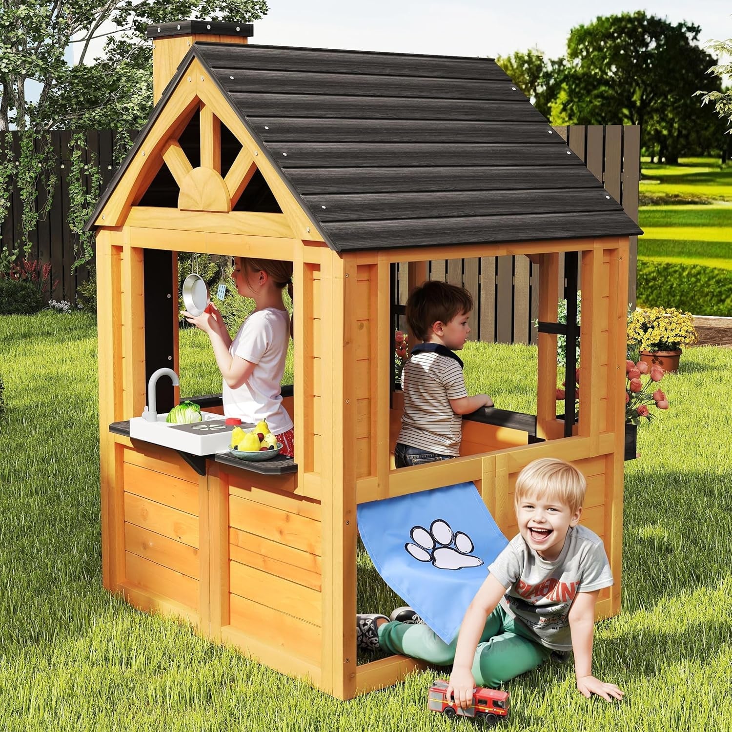 Cedar Kids Outdoor Playhouse With Kitchen Accessories