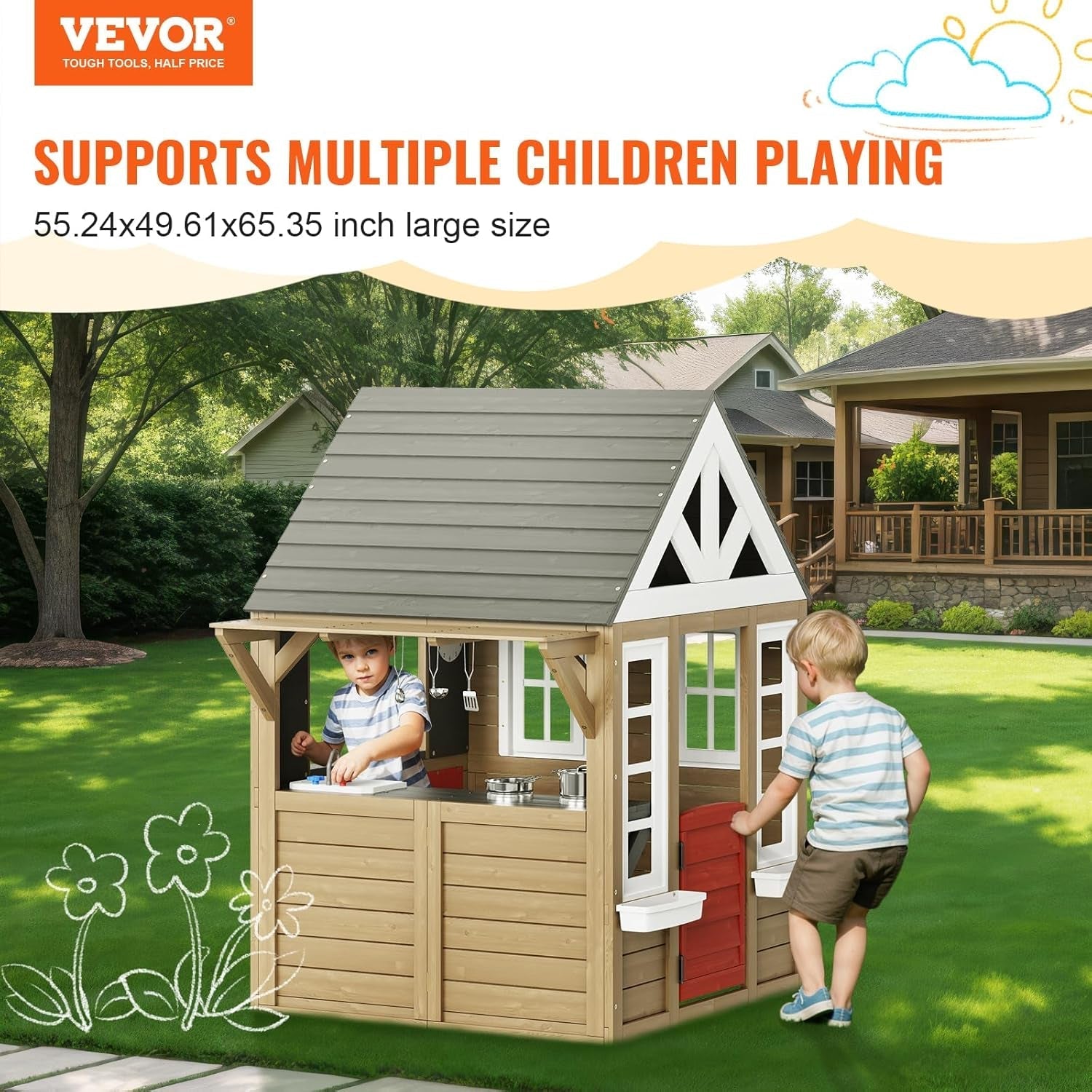Cedar Outdoor Playhouse With Kitchen Grill And Sink