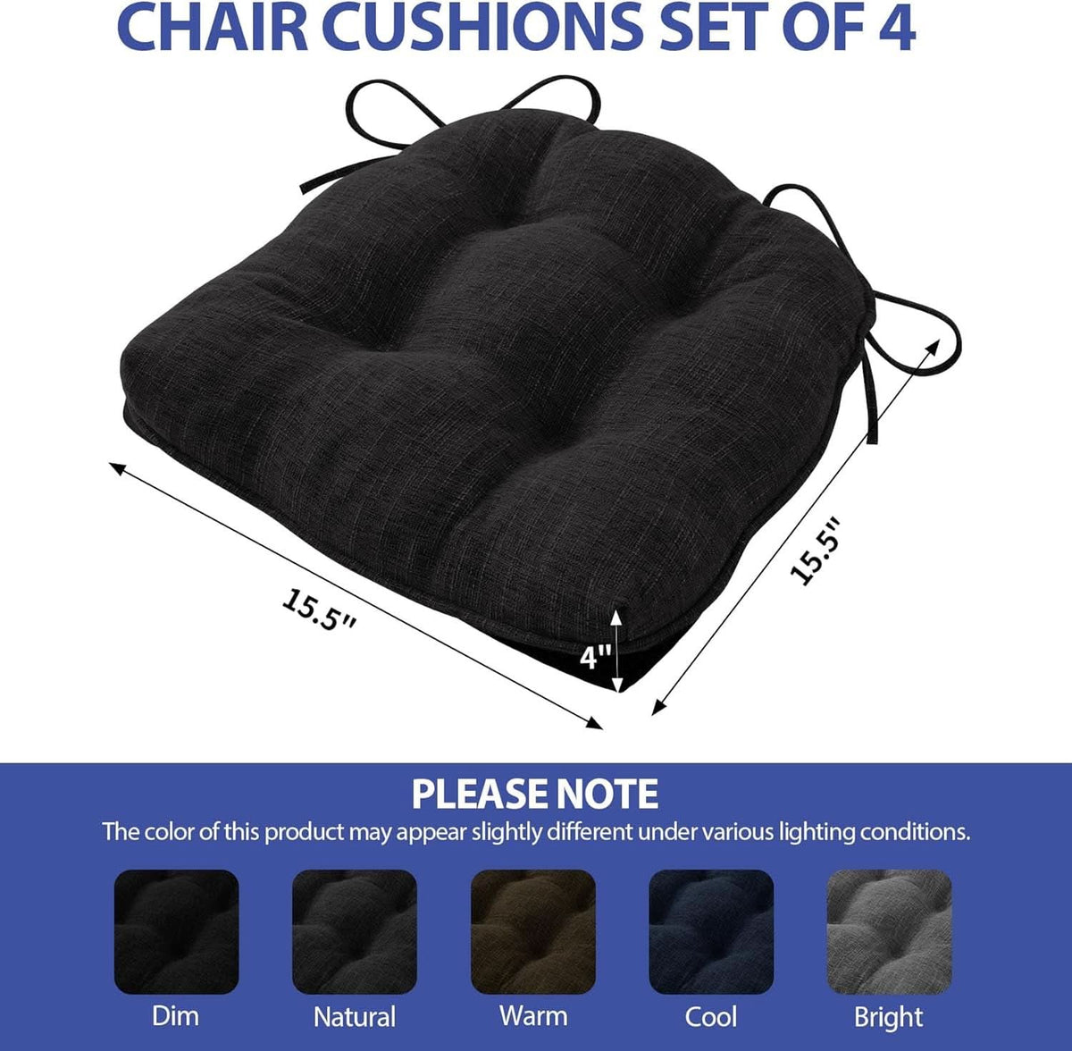 Chair Cushions 4 Pack Memory Foam With Non Slip Backing 15.5x15.5x4 Black