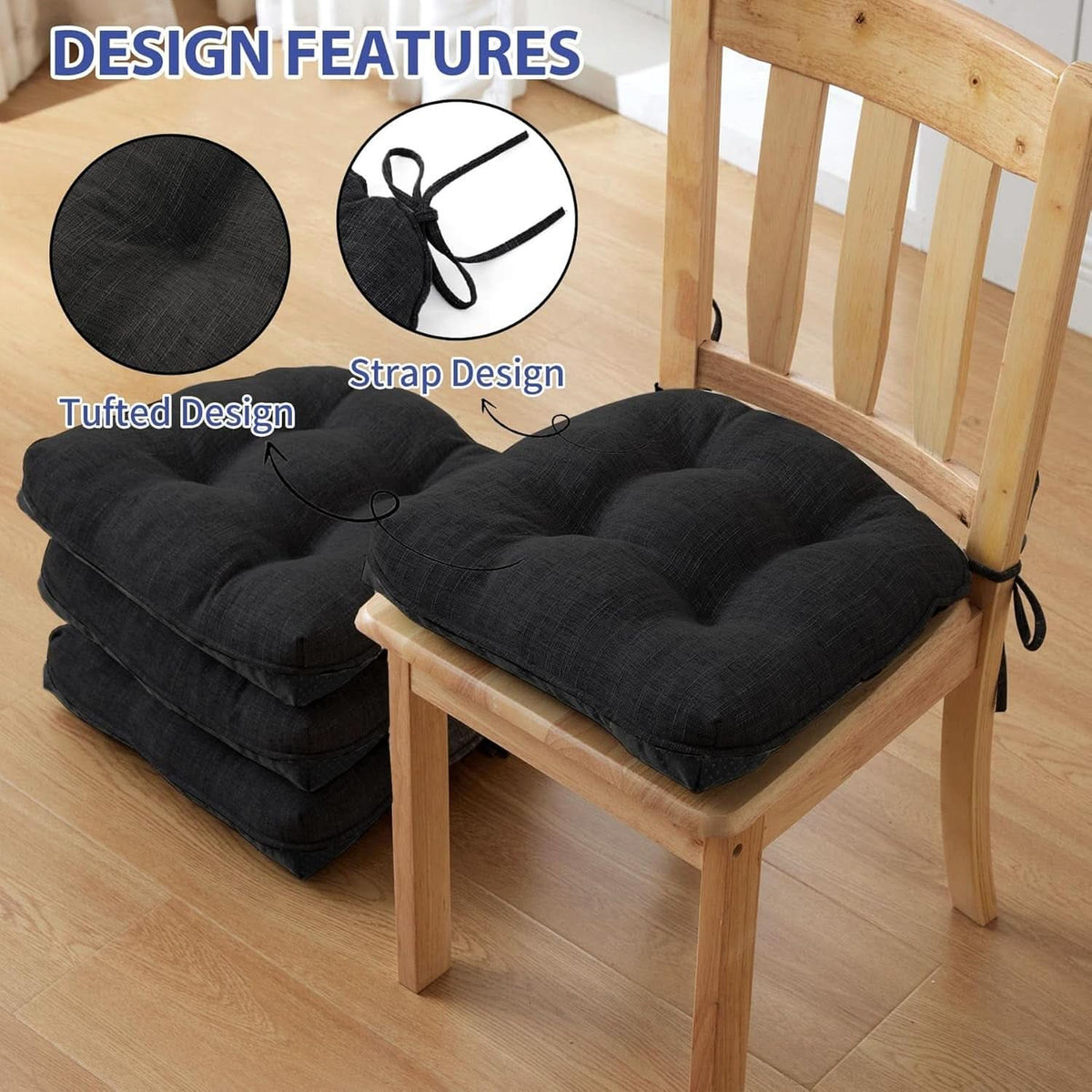 Chair Cushions 4 Pack Memory Foam With Non Slip Backing 15.5x15.5x4 Black