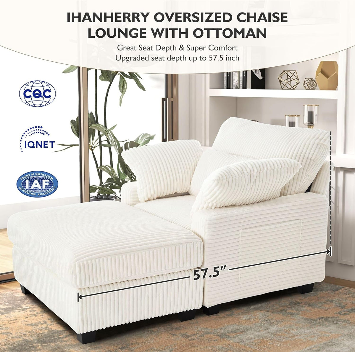 Chaise Lounge Chair With Ottoman 57 Inch Beige Corduroy