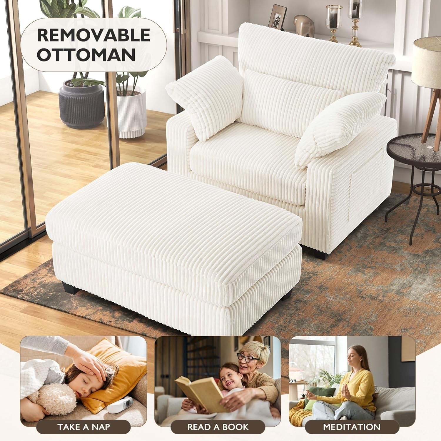 Chaise Lounge Chair With Ottoman 57 Inch Beige Corduroy