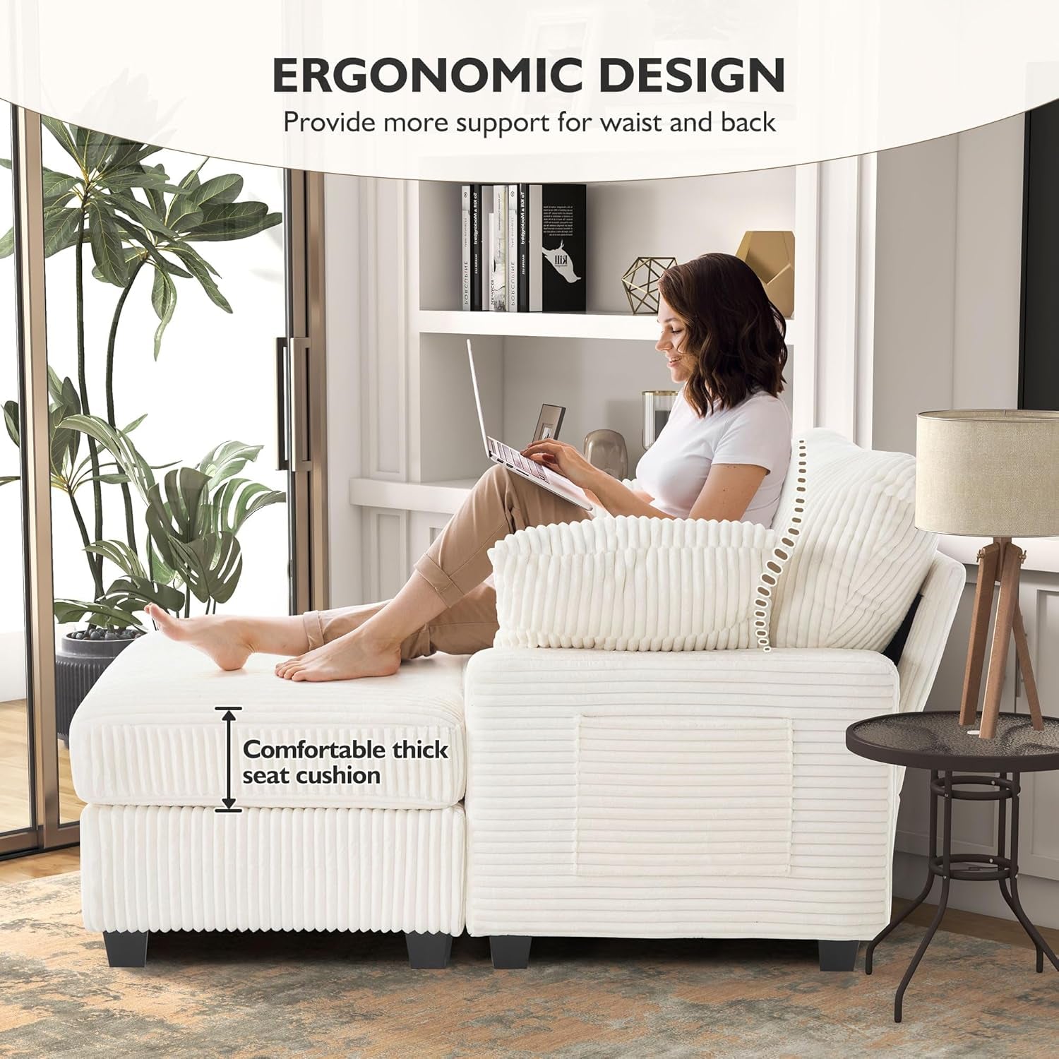 Chaise Lounge Chair With Ottoman 57 Inch Beige Corduroy