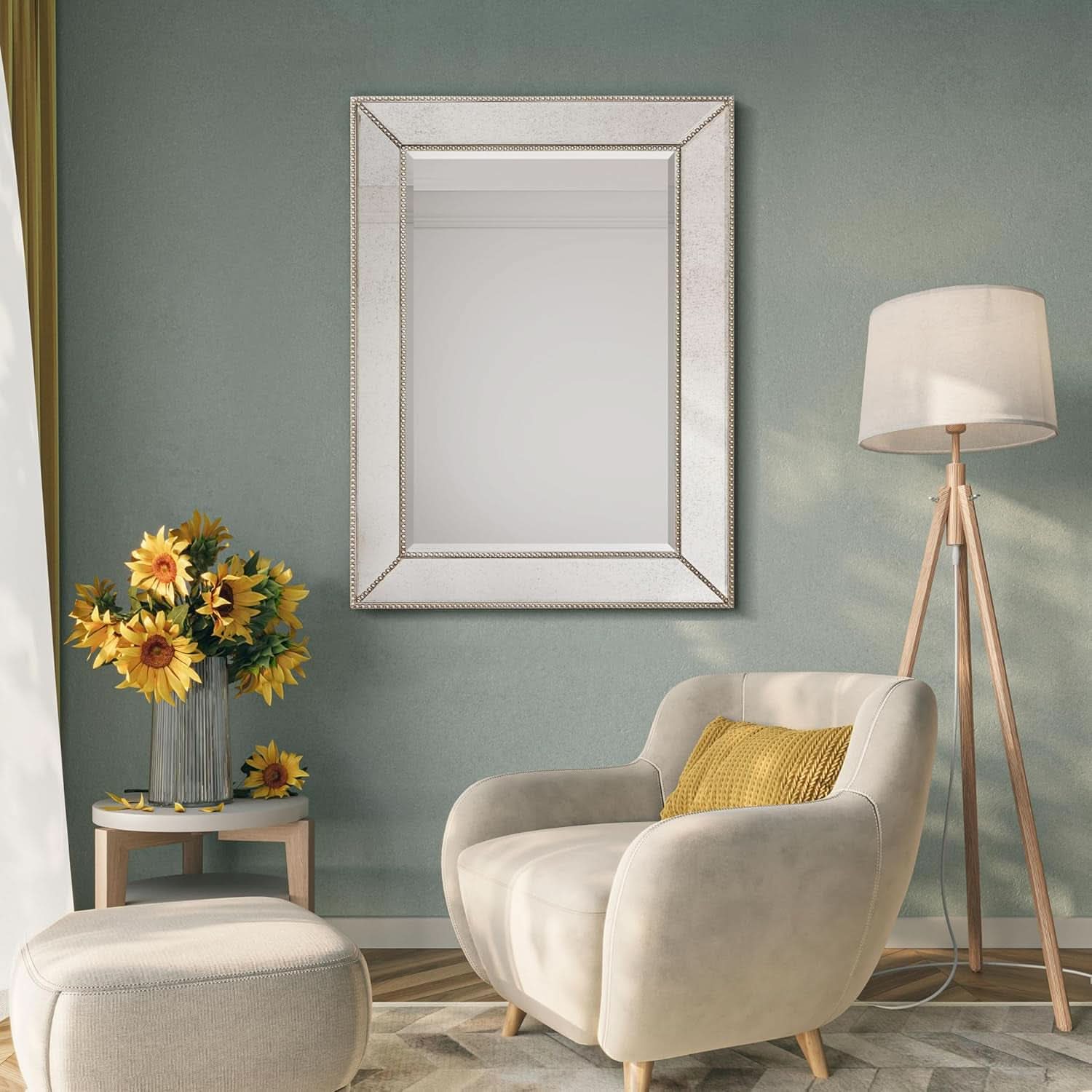 Champagne Bead Beveled Wall Mirror 40 X 30 Solid Wood Frame