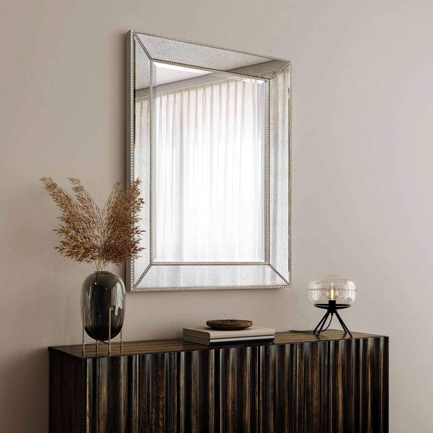 Champagne Bead Beveled Wall Mirror 40 X 30 Solid Wood Frame