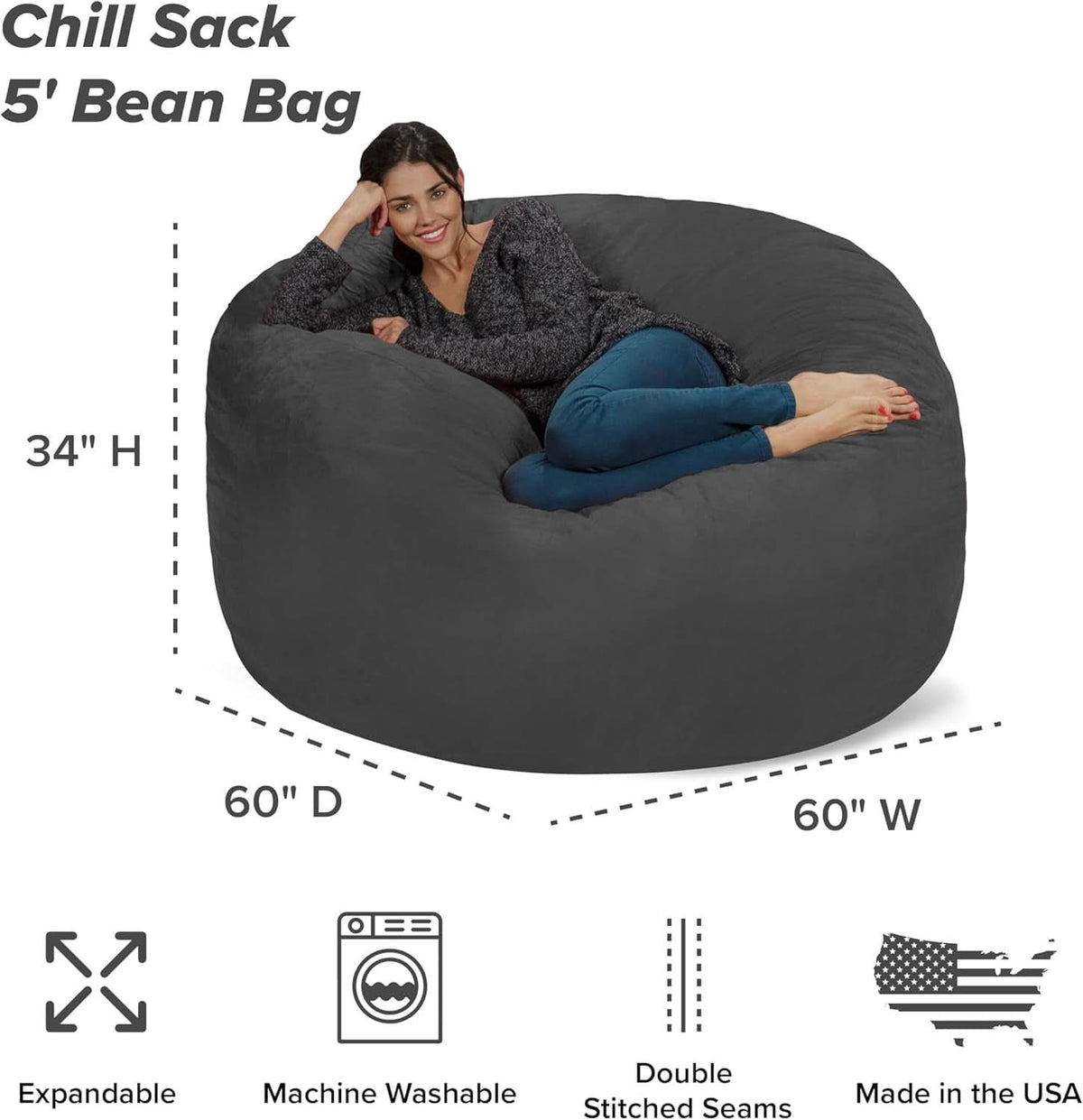 Charcoal 5ft Memory Foam Bean Bag Chair for Living Room