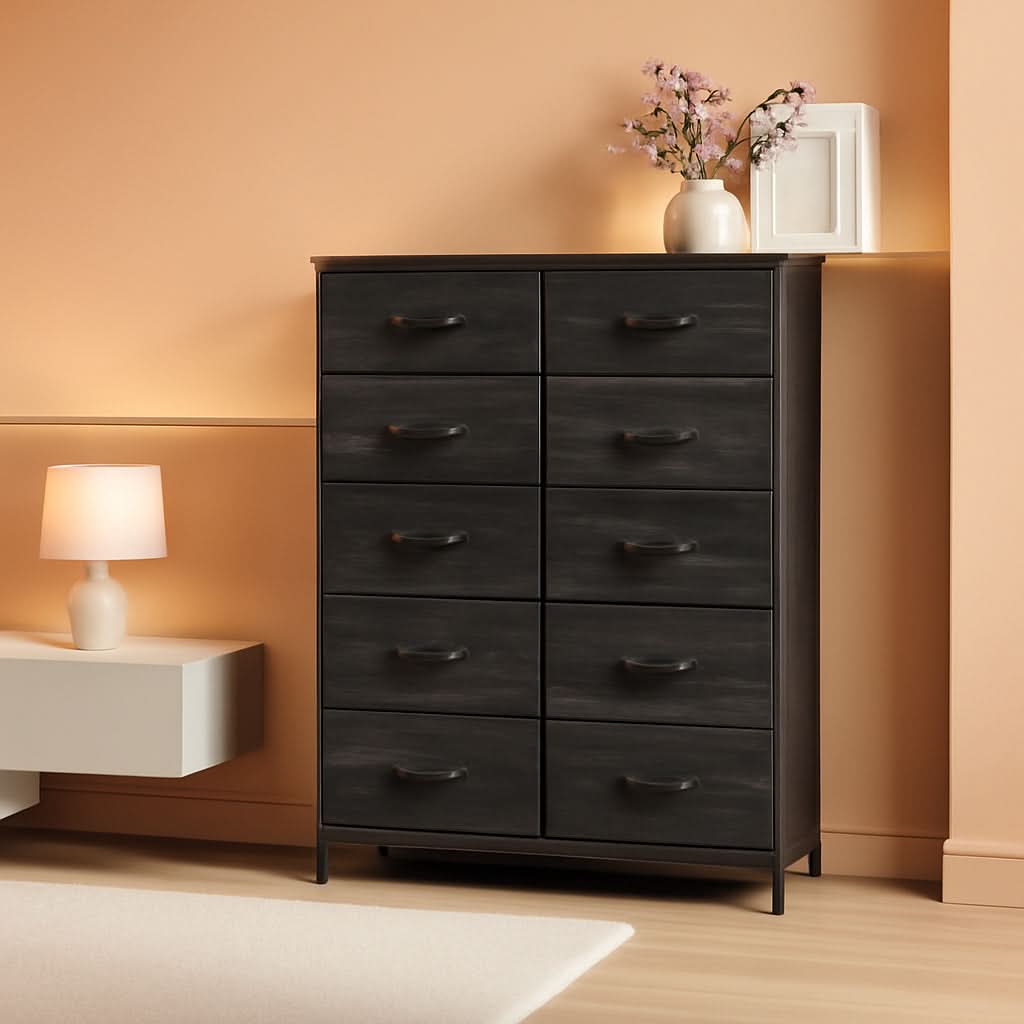 Charcoal Black 10 Drawer Fabric Storage Tower For Bedroom