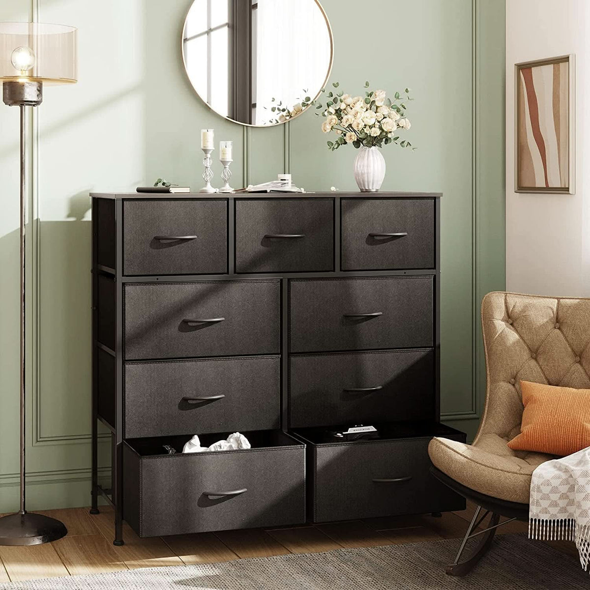 Charcoal Black 9 Drawer Dresser For Bedroom Storage