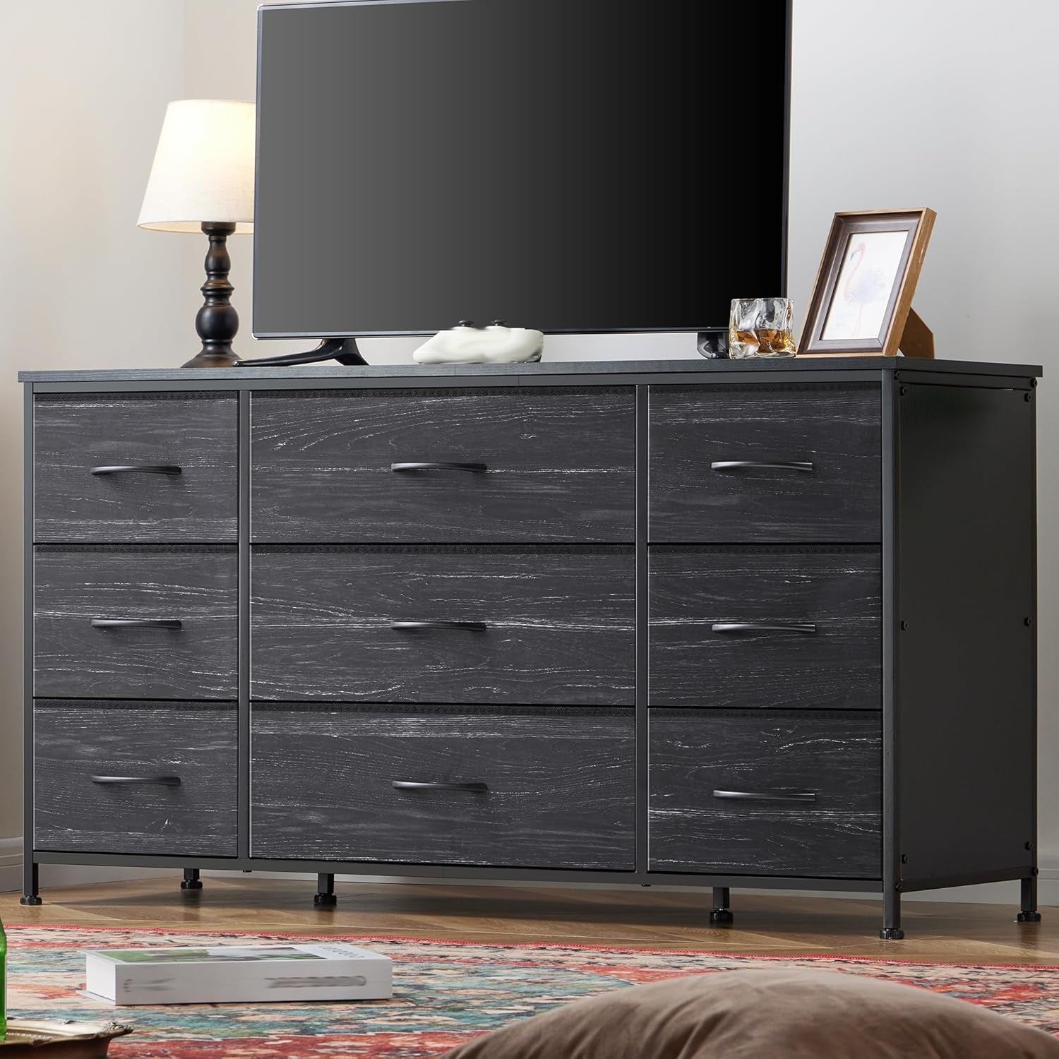Charcoal Black Dresser With 9 Drawers And TV Stand