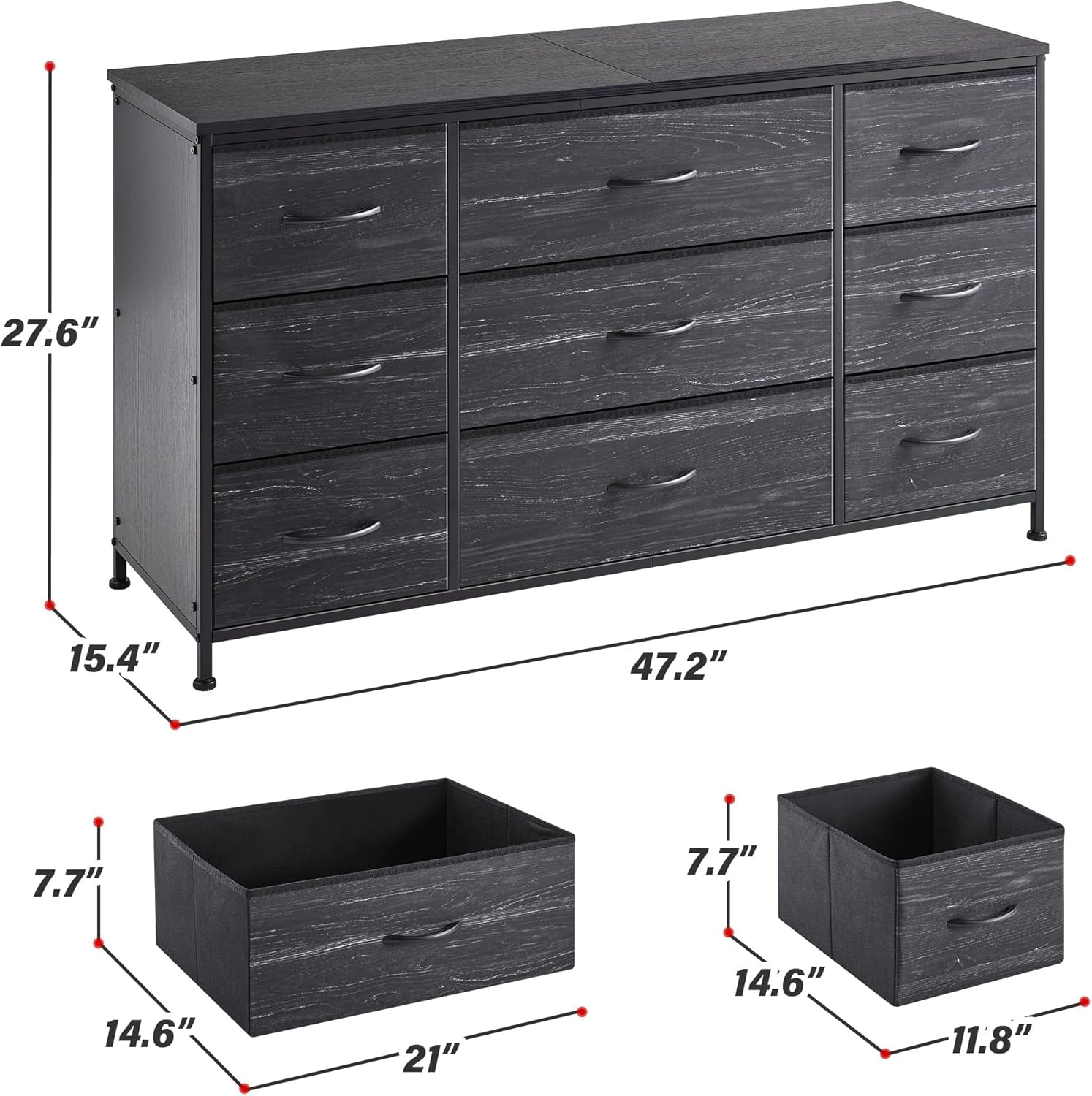 Charcoal Black Dresser With 9 Drawers And TV Stand