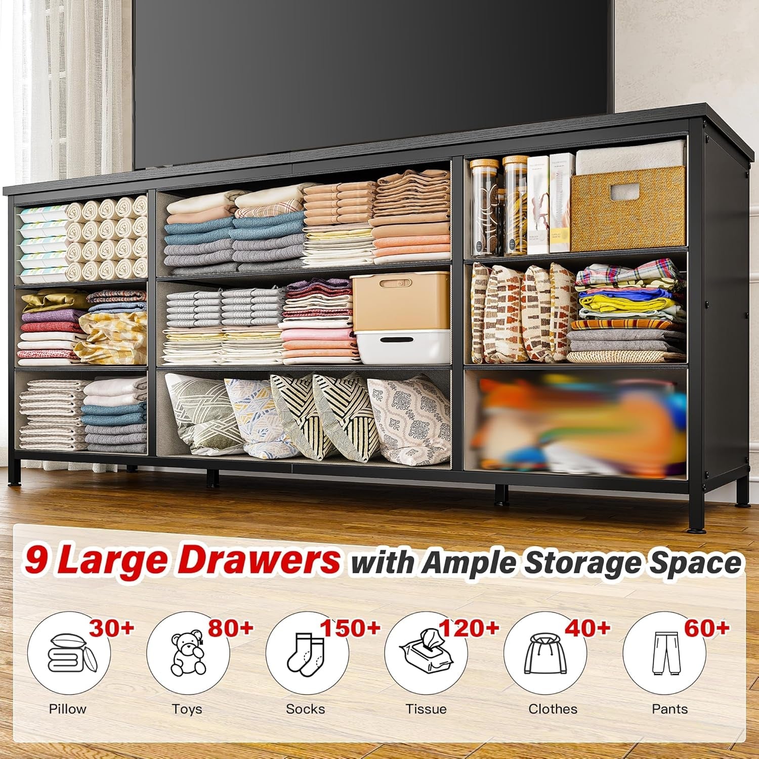 Charcoal Black Dresser With 9 Drawers And TV Stand