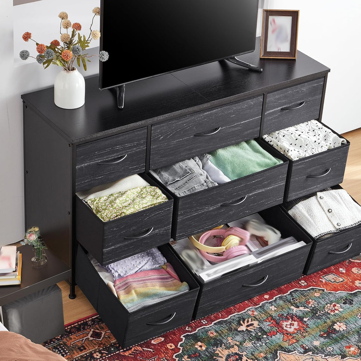 Charcoal Black Dresser With 9 Drawers And TV Stand