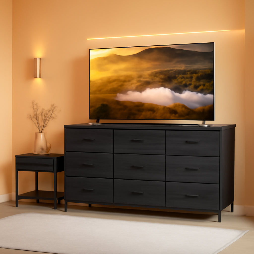 Charcoal Black Dresser With 9 Drawers And TV Stand