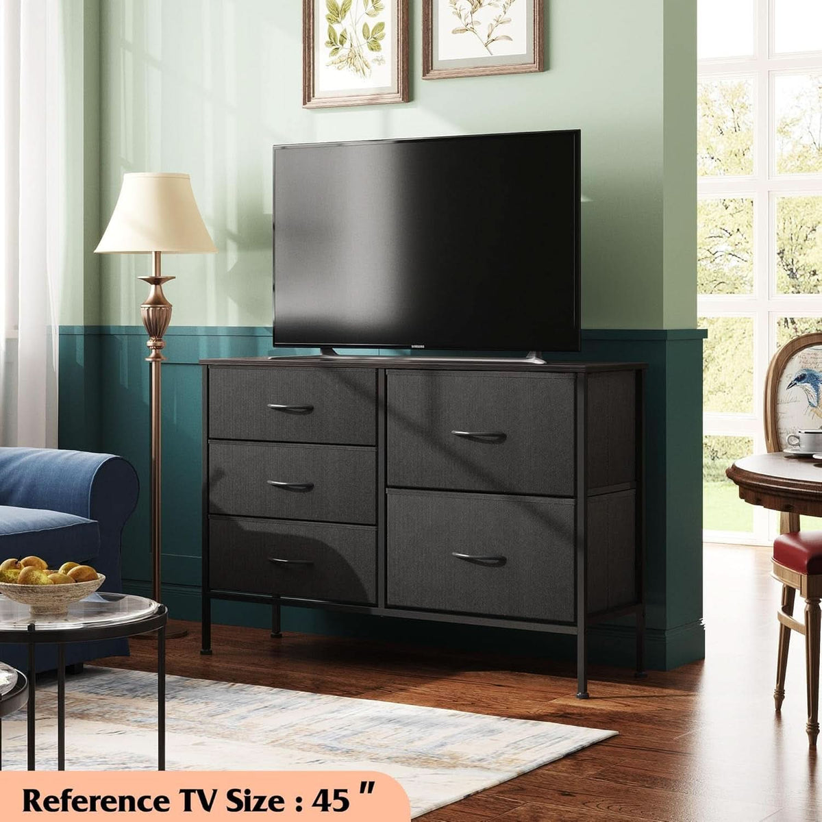 Charcoal Black Fabric Dresser With 5 Drawers For Bedroom Storage