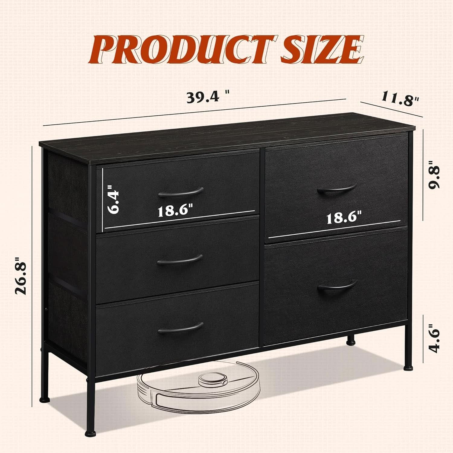 Charcoal Black Fabric Dresser With 5 Drawers For Bedroom Storage
