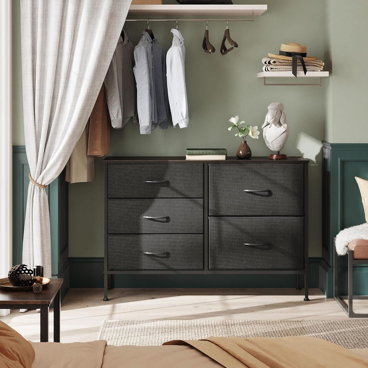 Charcoal Black Fabric Dresser With 5 Drawers For Bedroom Storage