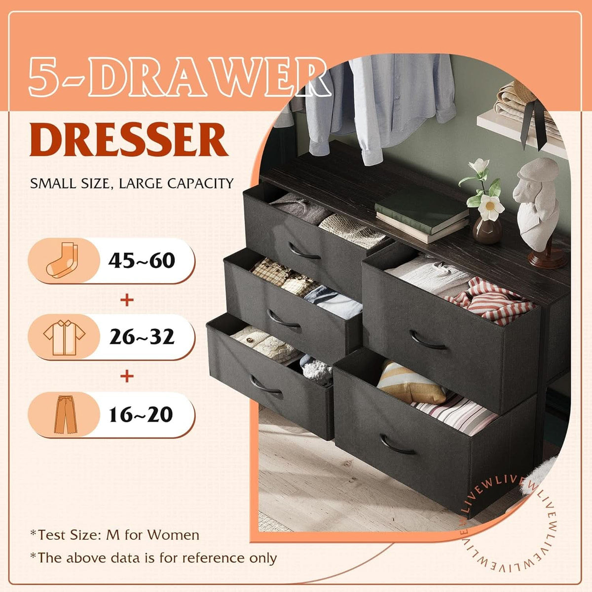 Charcoal Black Fabric Dresser With 5 Drawers For Bedroom Storage