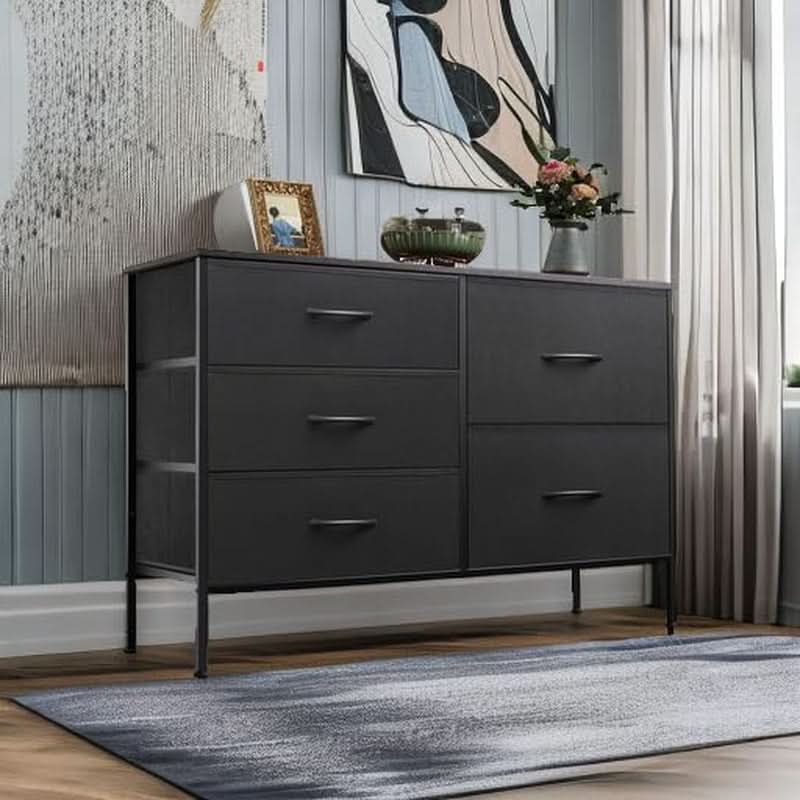 Charcoal Black Fabric Dresser With 5 Drawers For Bedroom Storage