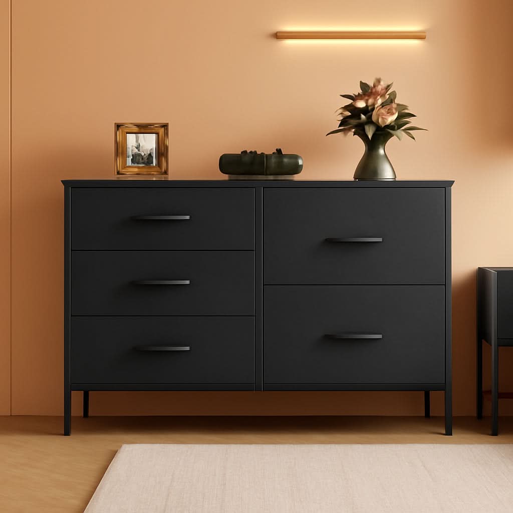 Charcoal Black Fabric Dresser With 5 Drawers For Bedroom Storage