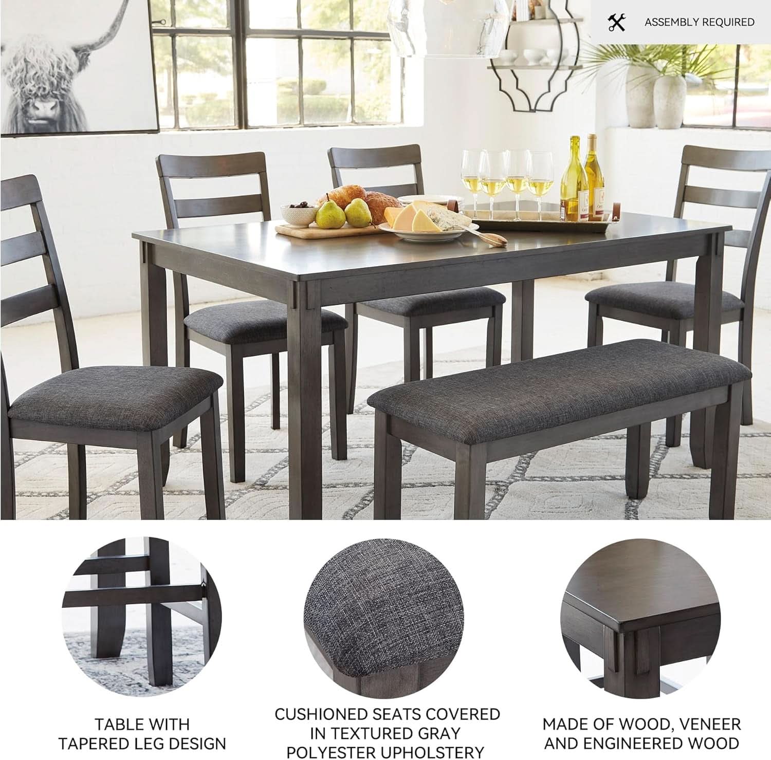 Charcoal Gray 6Piece Contemporary Dining Set Bench
