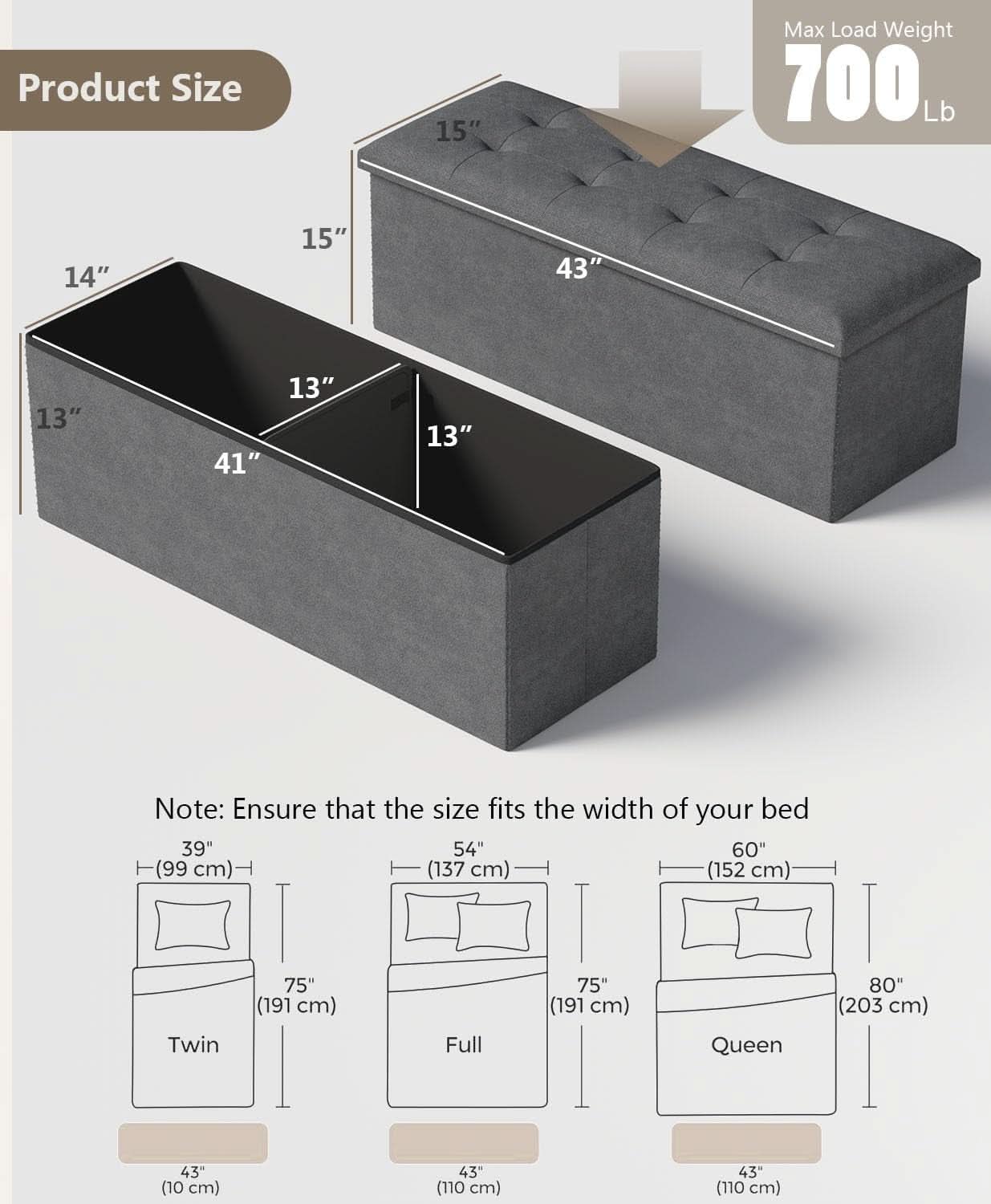Charcoal Gray Classic Folding Storage Ottoman 43Inch