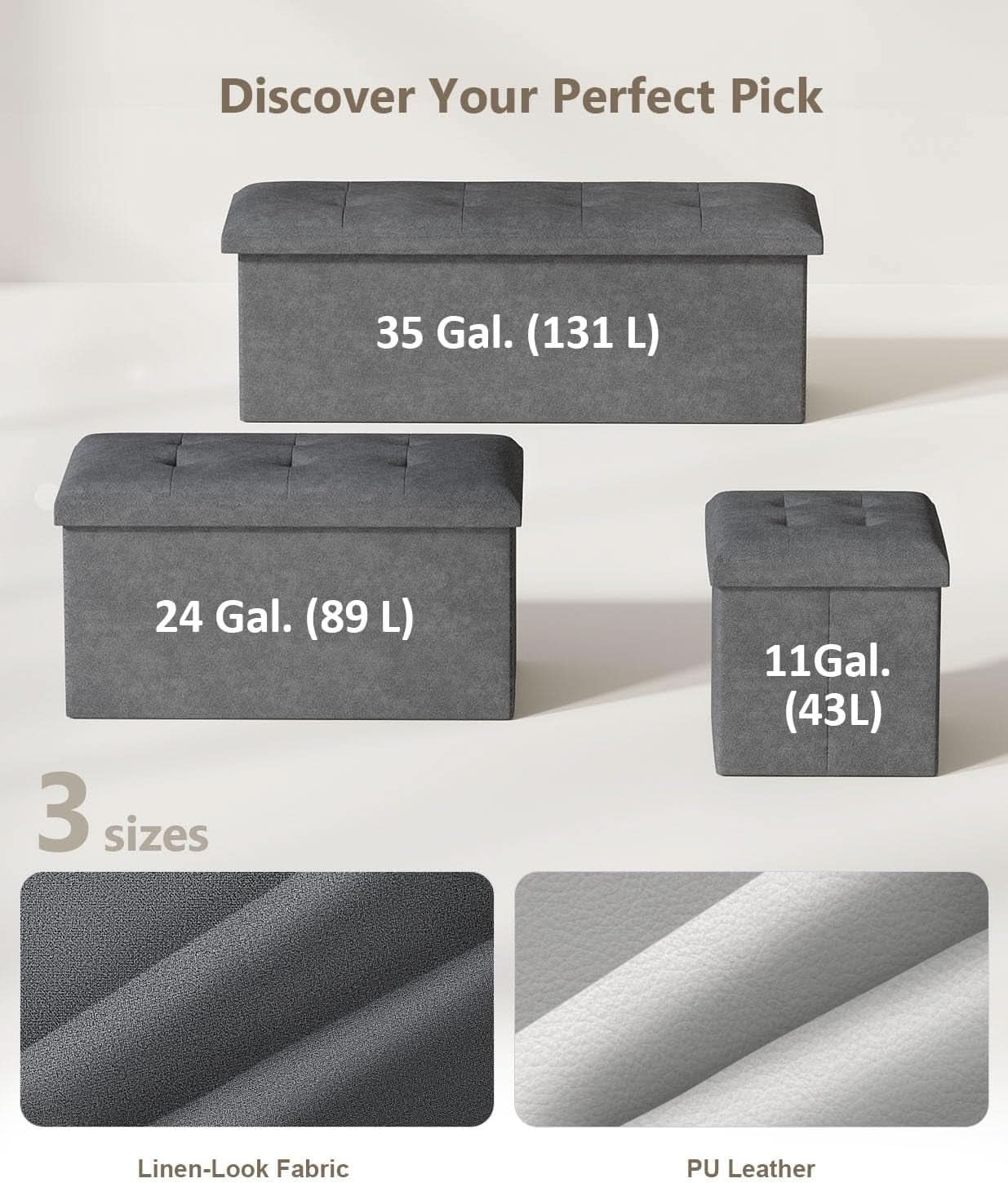 Charcoal Gray Classic Folding Storage Ottoman 43Inch