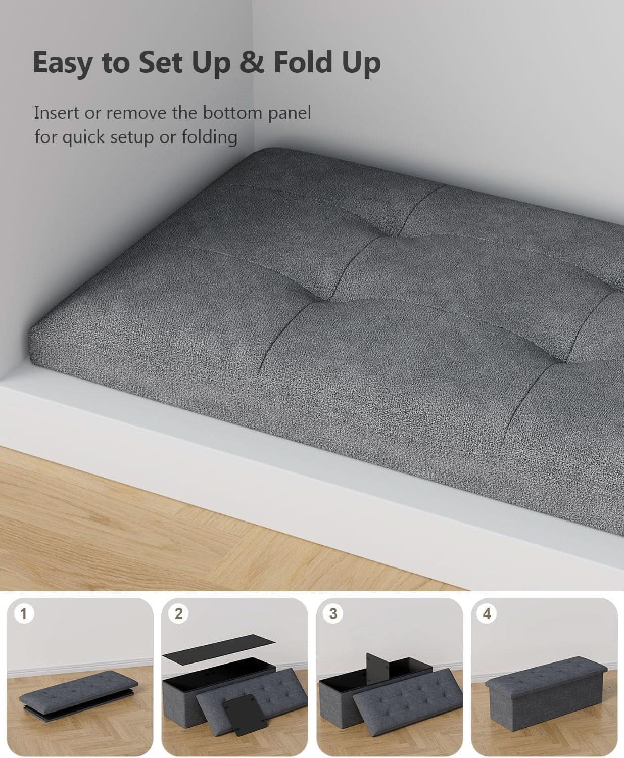 Charcoal Gray Classic Folding Storage Ottoman 43Inch