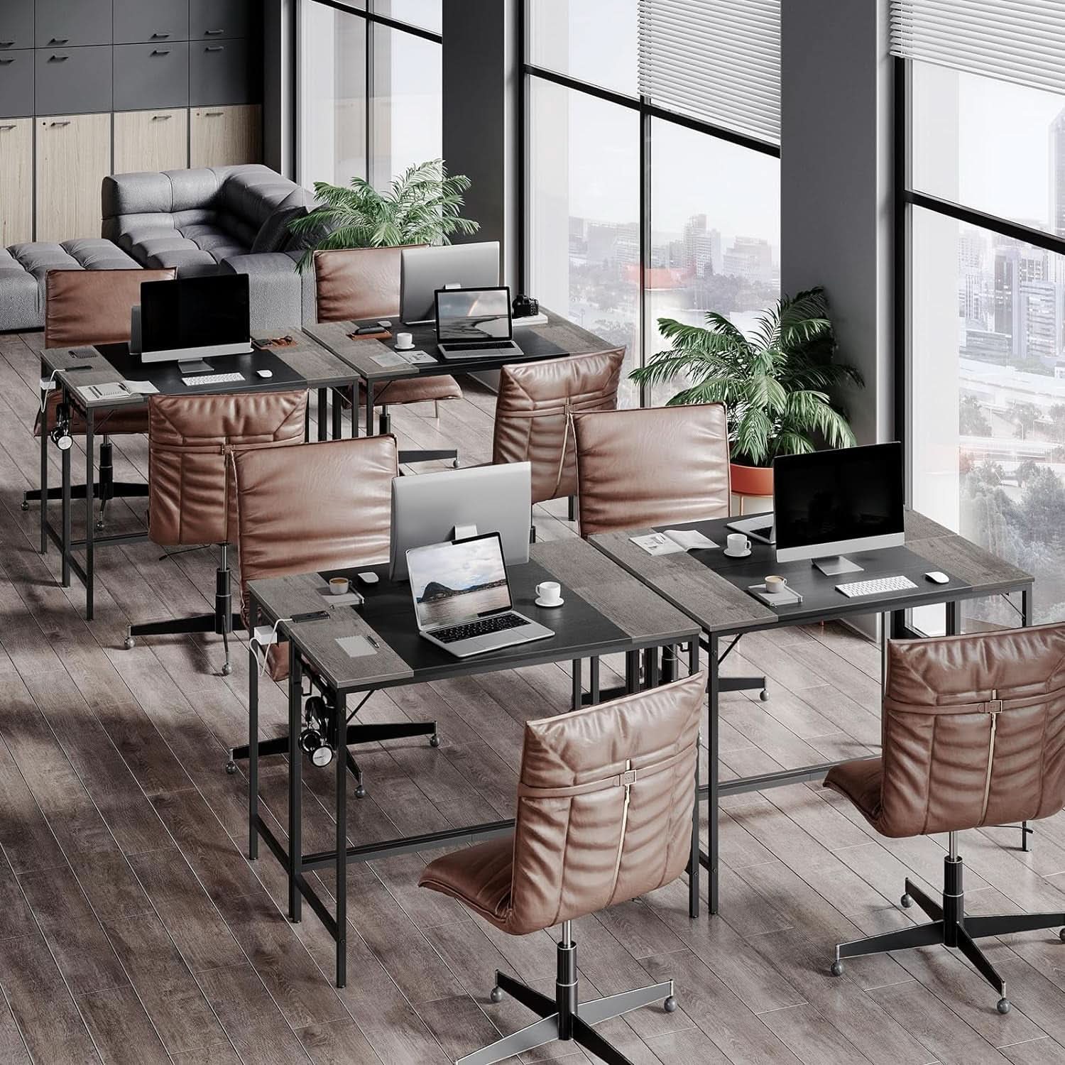 Charcoal Gray Computer Desk With Power Outlet And Hooks